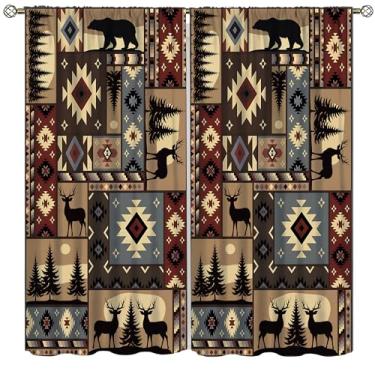 Imagem de Cortinas de cabana para cabana, vintage ocidental, veado, urso, vida selvagem, alce, cervo, caça, fazenda, bolso para varão, cortinas térmicas para sala de estar, quarto, cozinha, escritório, janela