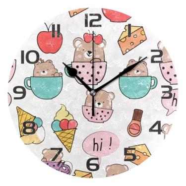 Imagem de YETTASBIN Relógio de parede Bears, silencioso, sem tique-taque, operado por bateria, relógio redondo decorativo criativo para cozinha, sala de estar, banheiro, decoração de escritório em casa, escola