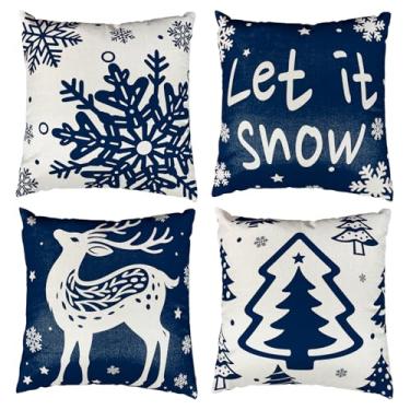 Imagem de kaiwern Conjunto de 2 capas de travesseiro de Natal 45,7 x 45,7 cm, decoração de flocos de neve para árvore de Natal, almofadas de linho macio, decorações de inverno para casa de fazenda, decoração de