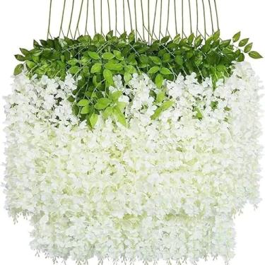 Imagem de Kit 12/27 Flores Artificiais Glicínia e Peônia Pendentes em Seda para Decoração Casamento Festa Casa(branco)