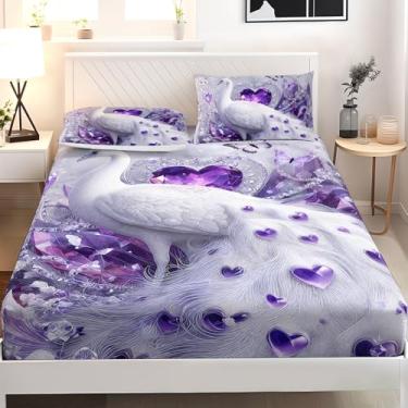 Imagem de AILONEN Jogo de lençol casal de pavão branco para decoração de quarto, joias roxas luxuosas com corações e borboletas, 3 peças, 1 bolso profundo e 2 fronhas