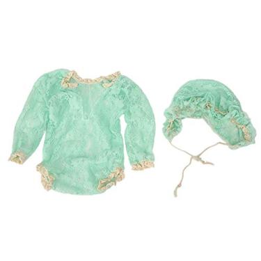Imagem de Ainoli Macacão para fotografia de bebê, adereços para fotos, chapéu, roupa de renda, conjunto de fantasia para recém-nascido (Verde claro)