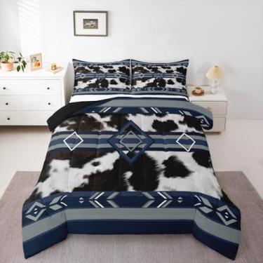 Imagem de Conjunto de edredom casal com estampa de pele de vaca ocidental de pele de animal de fazenda ocidental para crianças, meninos, meninas, edredom de couro bovino, decoração de quarto de caubói, azul