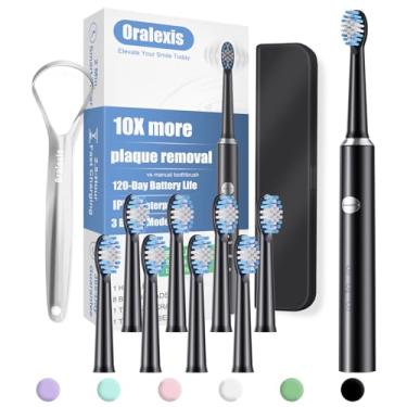 Imagem de ORALEXIS Escova de dentes elétrica para adultos e crianças, com 8 cabeças de escova e raspador de língua, temporizador inteligente de 2 minutos, uma carga rápida dura 120 dias, limpeza profunda de