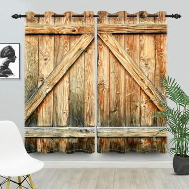 Imagem de SIEDYCV Cortinas blackout rústicas para porta de celeiro de 106 x 213 cm, vintage, rural, fazenda, de madeira, janela, cortinas com isolamento térmico, com ilhós, para sala de estar, decoração de casa