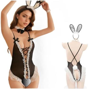 Imagem de AndThere Conjunto de lingerie de cosplay de coelhinho para mulheres, sexy, anime, macacão cruzado transparente, fantasia de coelho, roupas de renda (preto, tamanho único)
