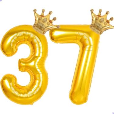 Imagem de 37 balões com números dourados de 101,6 cm para decorações de aniversário de 37 anos para homens e mulheres, balões gigantes de Mylar de 37 anos
