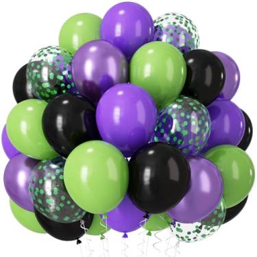 Imagem de Balões roxos e verdes, 30,5 cm verde-limão verde neon metálico roxo preto confete látex balões de festa para meninos Halloween herói caminhão monstro corrida carro tema chá de bebê decorações de festa