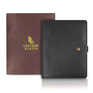 Imagem de Organizador de portfólio de couro genuíno para homens e mulheres – Pasta de padfólio para papel A4/carta com laço para caneta, porta-documentos e compartimentos para cartões – ideal para negócios e