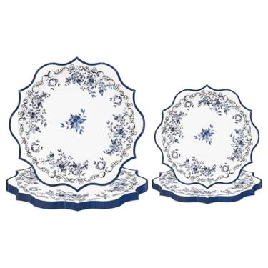 Imagem de 100 peças de pratos de porcelana florais elegantes azuis e brancos, 50 peças, flores azuis, 18 cm, pratos de bolo recortados, 50 peças, conjunto de pratos de jantar de 23 cm, borda recortada para