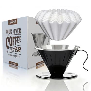 Imagem de AGOGO Conjunto de cafeteira portátil V60 – Gotejador compacto de aço inoxidável 304 de fácil limpeza para acampamento e 50 filtros de papel e pano de limpeza preto V60