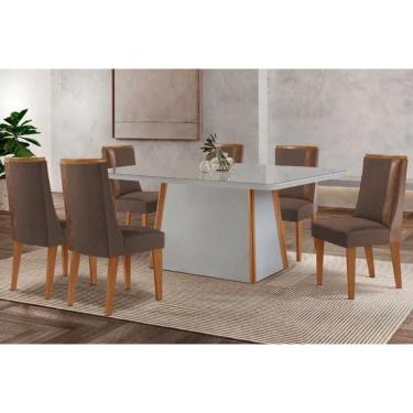 Imagem de Sala Jantar Mesa Tilia Tampo c/ Vidro Curvo 180cm+6 Cadeiras Tilia Naturale/Off White - Suede Marrom - Rufato