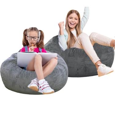 Imagem de 2 peças de poltrona clássica, com capa de pele sintética de coelho para adolescentes e crianças, poltronas de saco de feijão de espuma de memória, tecido de pele sintética ultramacio, sofá redondo de