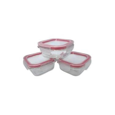 Imagem de Conjunto 3 Potes de Vidro Borossilicato com Tampa Hermética, 170ml, Quadrado, Transparente com Vedação Vermelha, 9,5x9,5x4,8cm