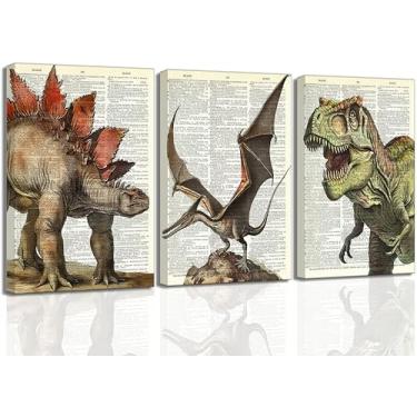 Imagem de 3 peças de arte de parede em tela de dinossauro retrô tiranossauro, estegossauro, tricerátopo, parasaurolophus, imagens de decoração de parede, pôsteres em tela para quarto de crianças, quarto de bebê