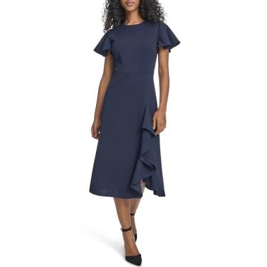 Imagem de Calvin Klein Vestido midi feminino manga esvoaçante gola redonda crepe frontal babados, Índigo, 40