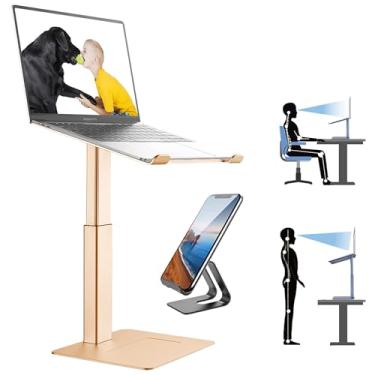 Imagem de DEEDRR Suporte de laptop para mesa, suporte ergonômico para laptop sentado e em pé para notebook MacBook 11-17 polegadas, altura ajustável para laptop DJ de 19-15 polegadas alumínio (dourado)..