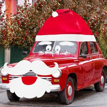 Imagem de Cinrobiye 8 peças de decoração de carro de Natal grande chapéu de Papai Noel adesivo de rosto de barba capas de carro para carros de Natal fantasia acessórios automotivos feltro Papai Noel veículo kit