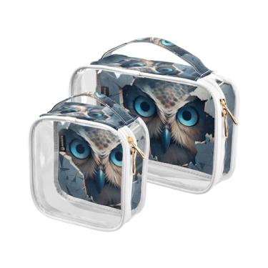 Imagem de GAIGEO Conjunto de bolsa cosmética transparente de baleia marinha com textura retrô, bolsa de viagem para cuidados com a pele, acessórios de viagem cosméticos, pacote com 2, Coruja atrás de uma parede