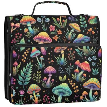 Imagem de Organizador de fichário com zíper, cogumelos coloridos, 3 argolas de 3,5 cm, bolsa fofa para fichário do ensino médio com alça para armazenamento com alça, 34,5 x 31,5 x 8,9 cm