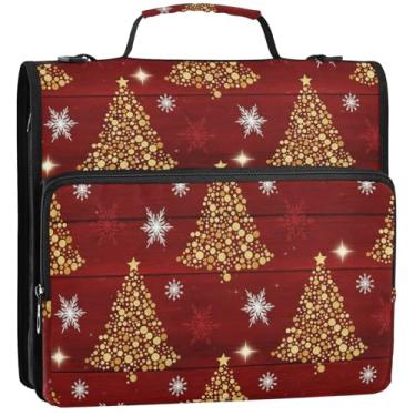 Imagem de Organizador de fichário com zíper com desenho animado, 3 argolas de 3,8 cm, anel D, árvores de Natal, capa vermelha com alça para guardar fichário, bolsa com alça para escola, 34,5 x 31,5 x 9 cm