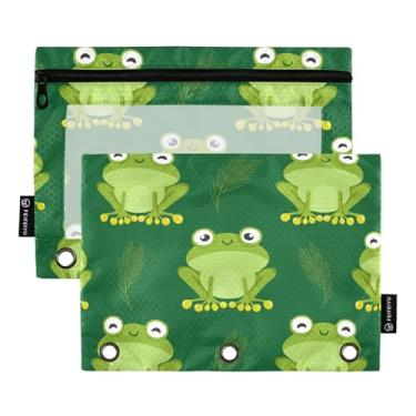 Imagem de GAIGEO Pasta feminina com 3 anéis, bolsa para lápis, fichário com zíper, estojo para canetas, fichários transparentes, escola, desenho animado, sapos, verde, sorriso, 25 x 18 cm, 2 pacotes