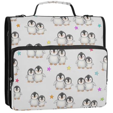 Imagem de Organizador de fichário com zíper, pinguins em aquarela, 3 cm, 3 argolas, resistente, divertido, com alça para escola, vários bolsos, pasta grande, 34,5 x 31,5 x 9 cm