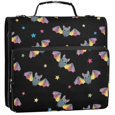Imagem de Organizador de fichário com zíper, morcegos de desenho animado colorido, asas de arco-íris, 3 anéis, fichários com 3 anéis, fichários coloridos com alça, bolsa de ensino médio, estojo portfólio com
