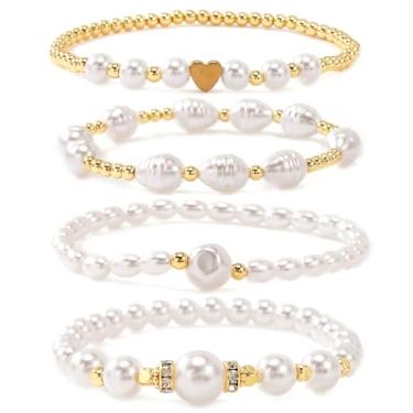 Imagem de SHINUS BOHO Conjunto de pulseiras femininas modernas banhadas a ouro 14 K, pérola, cristal, cruz, contas, clipe de papel, 4 peças, empilháveis, modernas, à prova d 'água, 7.0, Sem Pedra Preciosa