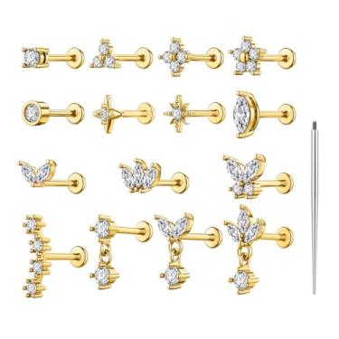 Imagem de TOPBRIGHT Brincos de aço cirúrgico 18G com rosca interna na parte de trás plana - Hipoalergênico banhado a ouro 14K Tragus/hélice/nariz/concha/medusa/piercing labial joias para mulheres e homens