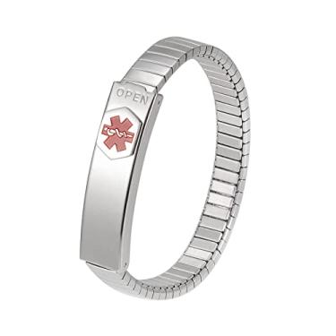 Imagem de EnerMagiX Pulseira de alerta médico para mulheres, 17,5 cm de aço inoxidável personalizada pulseira elástica de identificação médica para diabetes, alergias, epilepsia, cartões graváveis, 6.88inch, Aço inoxidável, Sem pedras preciosas