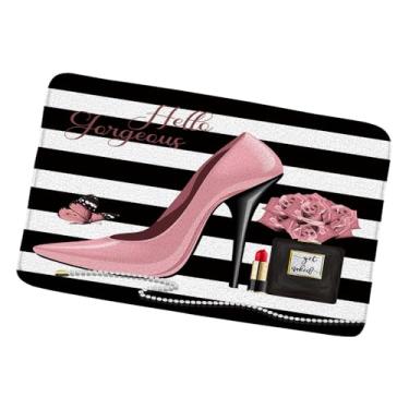 Imagem de Tapetes de banho listrados preto branco flor borboleta moda menina frasco de perfume rosa salto alto rosa floral Olá lindo tema amante do dia dos namorados tapetes de banheiro cozinha banheiro tapete