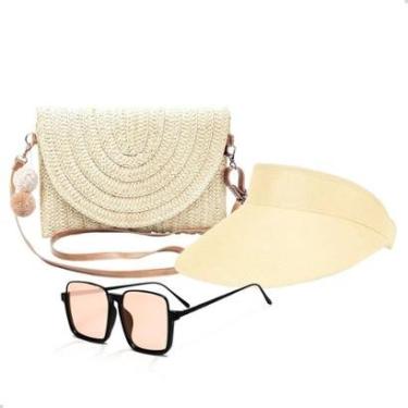 Imagem de Kit Bolsa De Palha + Viseira Moda Solar Feminina + Óculos de Sol-Feminino