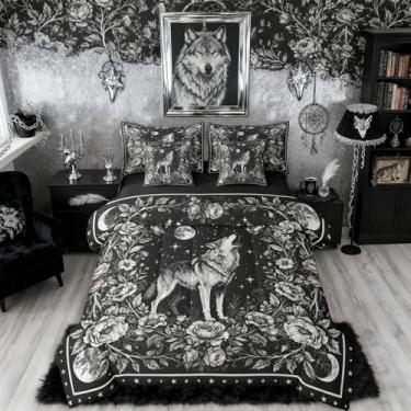 Imagem de Erosebridal Jogo de cama casal gótico e edredom | Jogo de cama de 7 peças com flores e galáxia e lua em uma bolsa, decoração de quarto floral vintage, decoração gótica preta