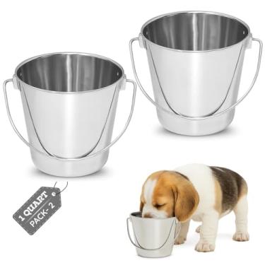 Imagem de AASPIRE PETS Balde redondo de aço inoxidável resistente de 1 litro com alça | Serve para gaiola de canil Critter Crates Farm | Balde de comida e água para animais de estimação pequenos, pássaros, cães