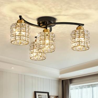 Imagem de Luminária de Teto 4 Lâmpadas Preto e Dourado com Cristal K9 — Lustre Moderno Curvo para Sala de Jantar, Quarto e Sala de Estar, Soquete E14 (Máx. 40W, Lâmpadas Não Inclusas)