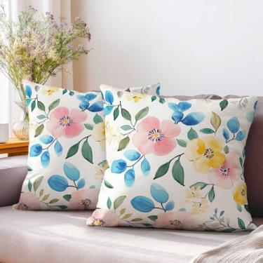 Imagem de YucZiken Conjunto de 2 capas de almofada florais em aquarela 45,7 x 45,7 cm | Capas de almofada decorativas pastel para sofá, quarto e sala de estar | Fronhas de primavera leves e arejadas, decoração