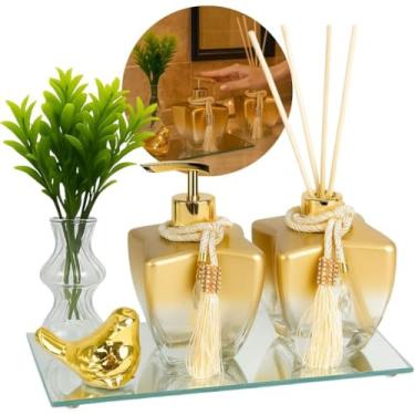 Imagem de Kit Lavabo Super Luxo em Vidro Estrela 280ml – Frascos Decorativos com Bandeja Espelhada London e Acessórios(Degrade Dourado Pássarinho)
