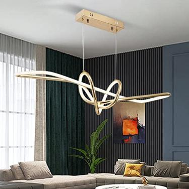 Imagem de Lustre de mesa de jantar LED moderno com controle remoto, cromado, luminária pendente com altura ajustável, design criativo, luminária de teto pendente para sala de estar (dourado)