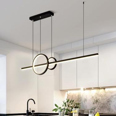 Imagem de Luminária pendente LED com intensidade regulável, controle remoto, ideal para cozinha, ilha ou sala de jantar, ideal para mesa de jantar, escritório ou bar. Design moderno, linear e com anel