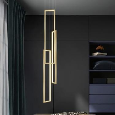 Imagem de Luminária pendente moderna para sala de estar, LED dimerizável com controle remoto, lustre geométrico estilo villa em alumínio e acrílico, ideal para escada, quarto, sala de jantar e porta d