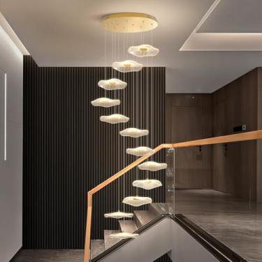 Imagem de Lustre LED Lotus Dourado com 12 Lâmpadas, Luminária de Teto Moderna em Cristal com Controle Remoto e Temperatura de Cor Ajustável de 3000K a 6500K, Luminária Pendente Ajustável para Escadas