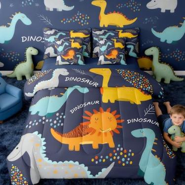 Imagem de Feelyou Conjunto de edredom de dinossauro fofo com lençol de 7 peças, solteiro, dinossauro, para crianças, meninos, meninas, animais selvagens, dinossauros, azul escuro, decoração de quarto