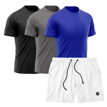 Imagem de Kit 3 Camisetas Dry Treino Fitness Academia + Short Bermuda Branco-Masculino