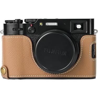 Imagem de Capa X100V, capa BMAOLLONGB feita à mão de couro de fibra de carbono PU para meia câmera, versão com abertura inferior para Fujifilm X100V com alça de mão (marrom)