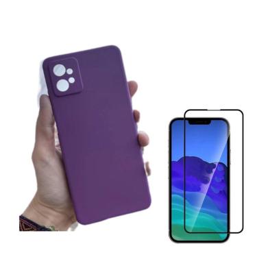 Imagem de Kit Capa Veludo Roxo Compatível Moto G32+ Pelicula 3D
