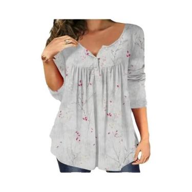 Imagem de Camiseta Feminina plus Size De Manga Comprida Com Estampa De Plantas E