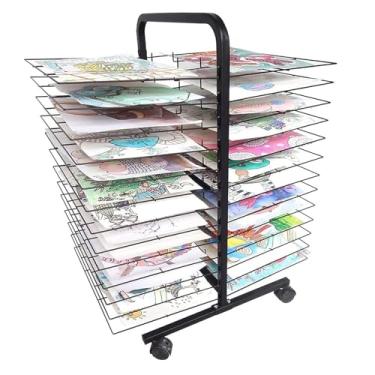 Imagem de Estante de secagem de arte de metal com 25 prateleiras removíveis - Suporte de secagem de tinta portátil sobre rodas para estúdios de arte e salas de aula, ideal para armazenamento e organização de