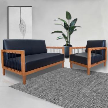 Imagem de Conjunto Sofá Namoradeira e Poltrona Sala de Estar Pés Madeira Maciça Corda Náutica Preta Manila PU Preto G63 - Gran Belo