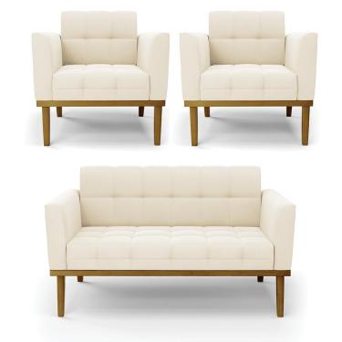 Imagem de Conjunto 2 Poltronas e 1 Namoradeira Decorativa Karen Pés Fixo em Madeira Castanho Veludo Bege G19 - Gran Belo